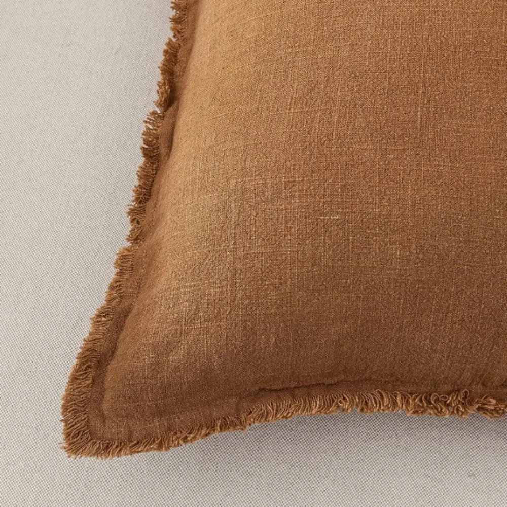 Luxury Home | Boho Chic Coffee Brown Frayed Trim Linen Throw Pillow Cover